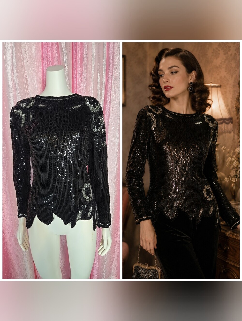 Royal Feelings Vintage Black Floral Silver Beaded Silk Evening Blouse Size Small